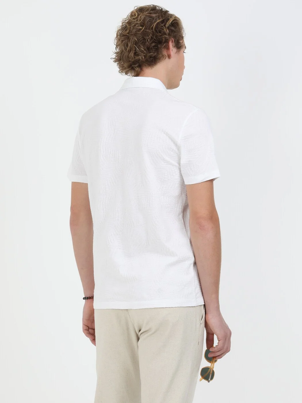 Beyaz Jakarlı Polo Yaka %100 Pamuk T-Shirt - 5