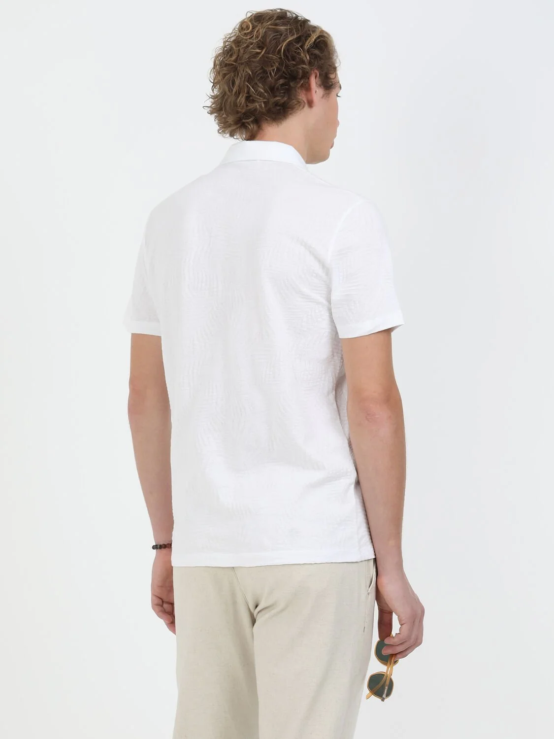 Beyaz Jakarlı Polo Yaka %100 Pamuk T-Shirt - 5