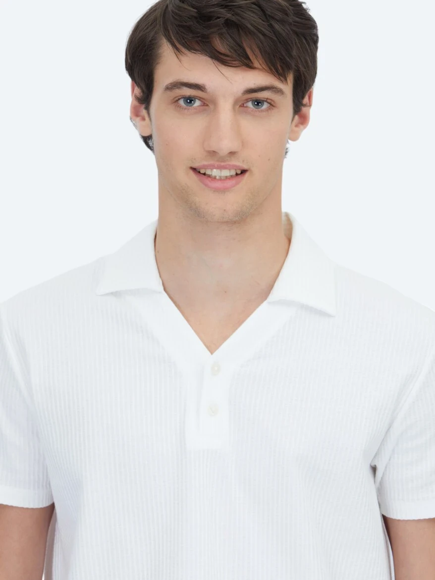 Beyaz Polo Yaka %100 Pamuk T-Shirt - 4