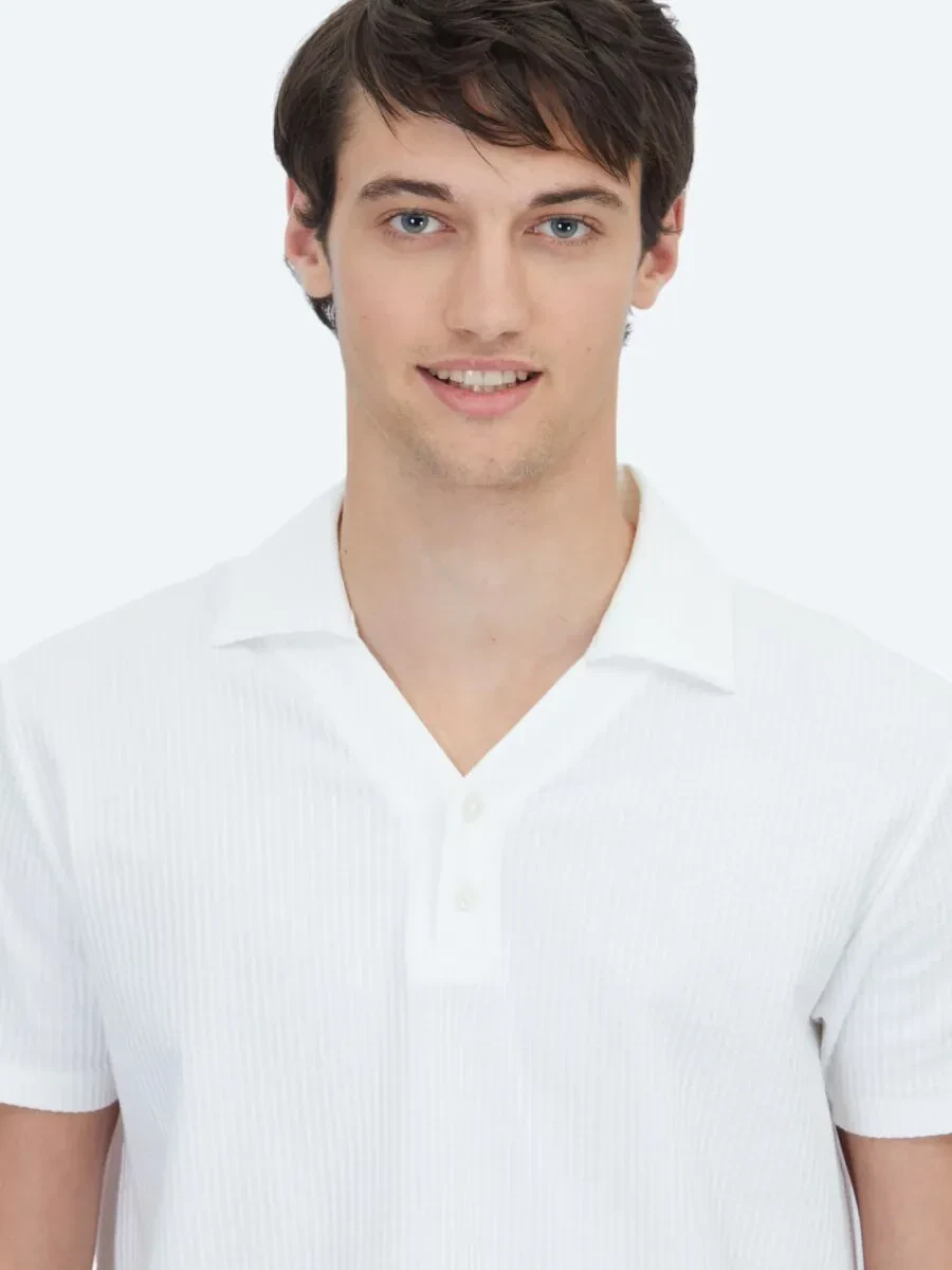 Beyaz Polo Yaka %100 Pamuk T-Shirt - 4