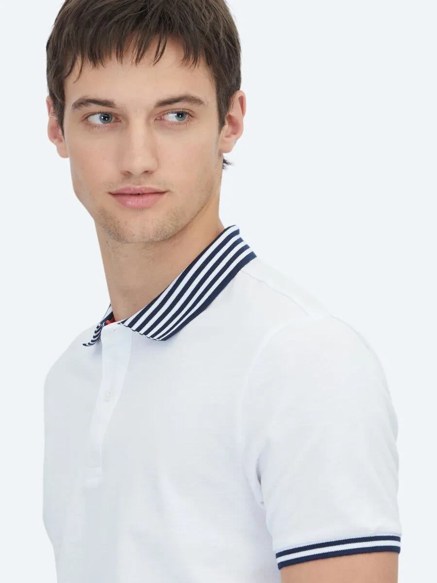 Beyaz Polo Yaka Pamuk Karışımlı T-Shirt - 5