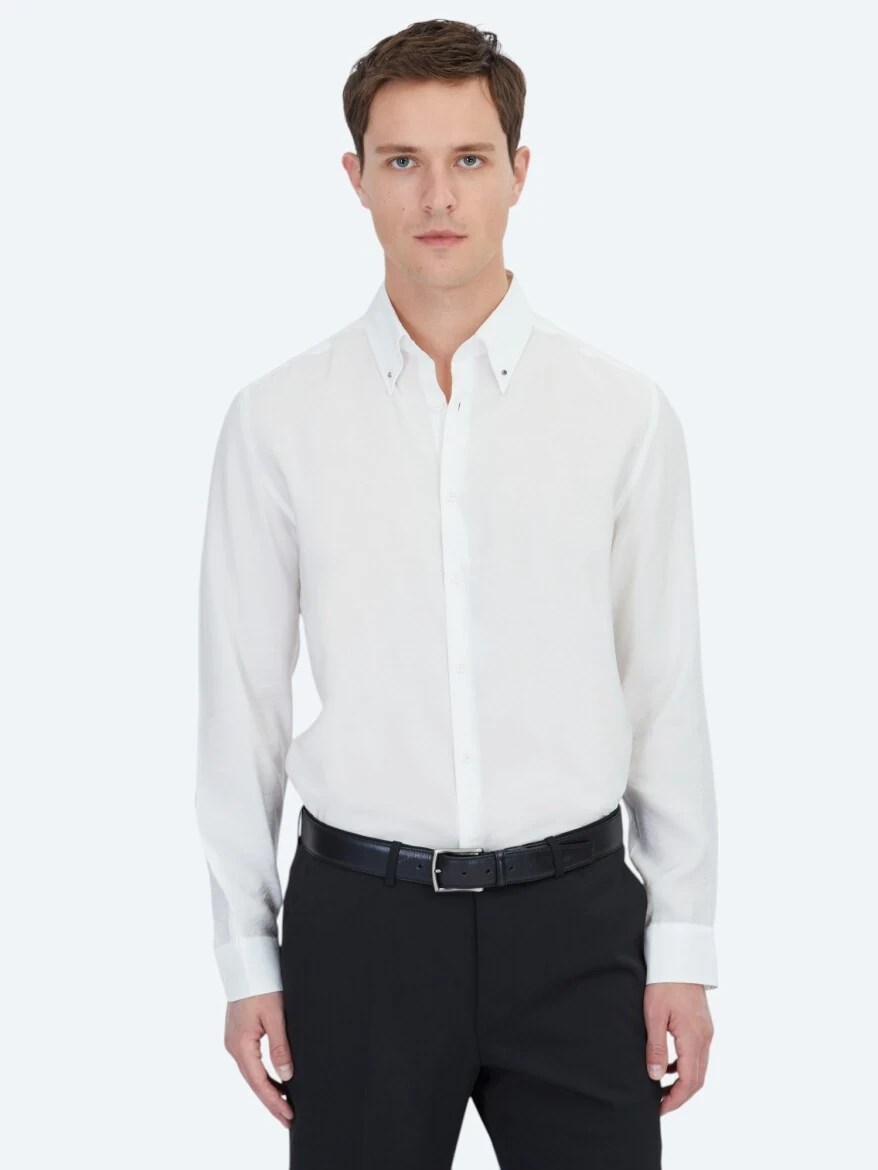 Beyaz Regular Fit Dokuma Casual Gömlek - 1