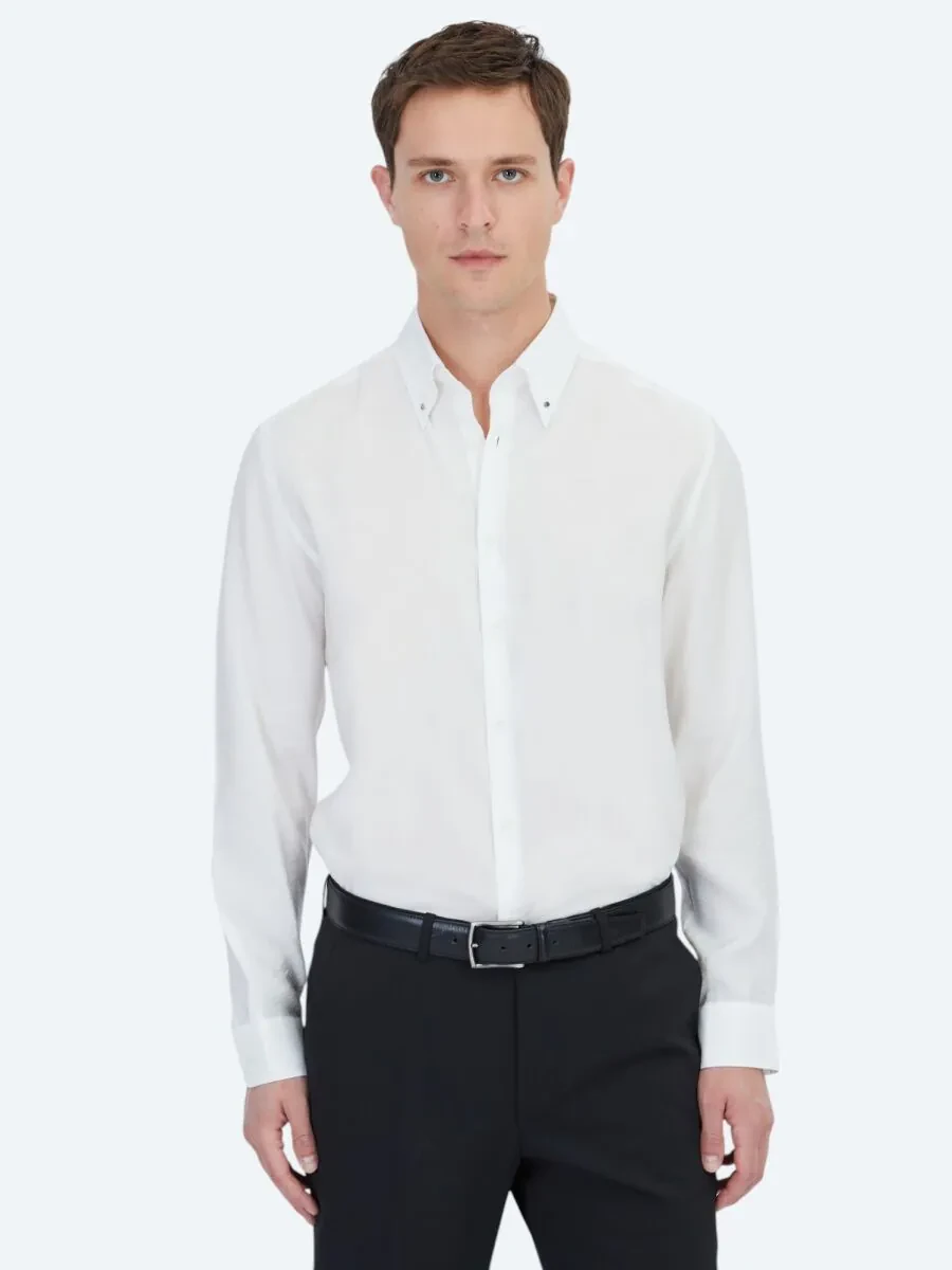 Beyaz Regular Fit Dokuma Casual Gömlek - 1