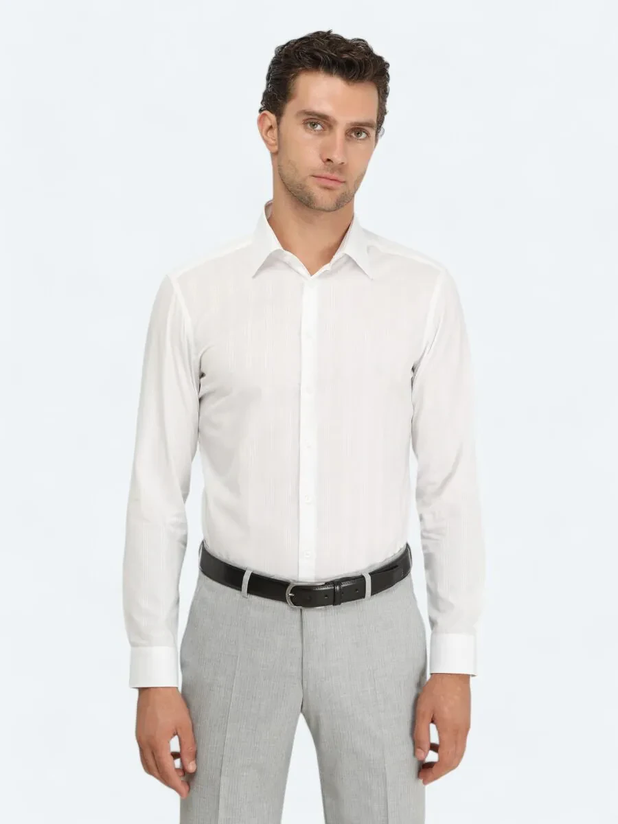 Beyaz Slim Fit Dokuma Klasik %100 Pamuk Gömlek - 1