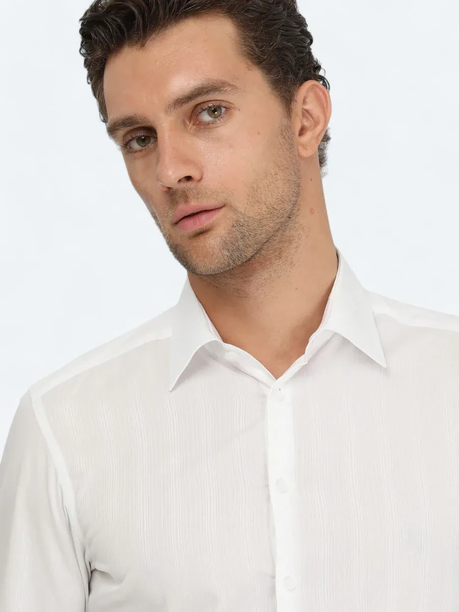 Beyaz Slim Fit Dokuma Klasik %100 Pamuk Gömlek - 3