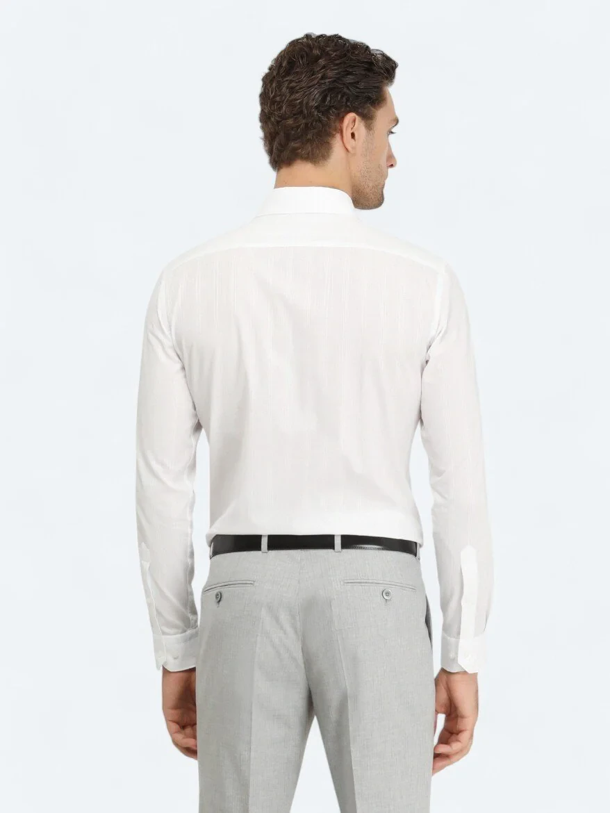 Beyaz Slim Fit Dokuma Klasik %100 Pamuk Gömlek - 4