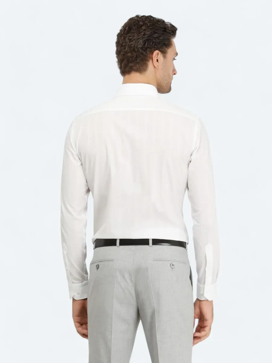 Beyaz Slim Fit Dokuma Klasik %100 Pamuk Gömlek - 4