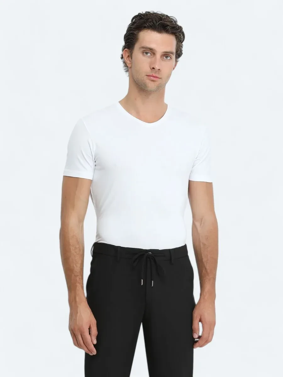 Beyaz V Yaka Pamuk Karışımlı T-Shirt - 1