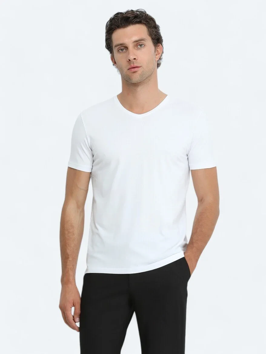 Beyaz V Yaka Pamuk Karışımlı T-Shirt - 3