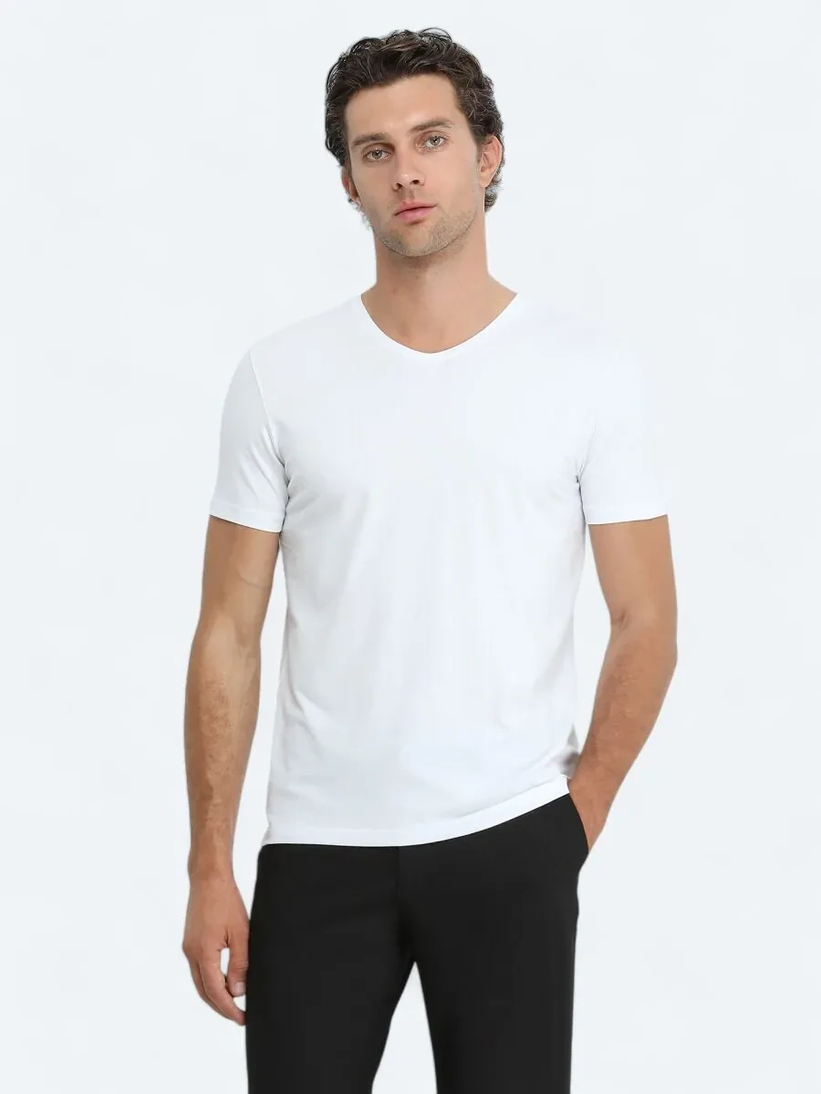 Beyaz V Yaka Pamuk Karışımlı T-Shirt - 3
