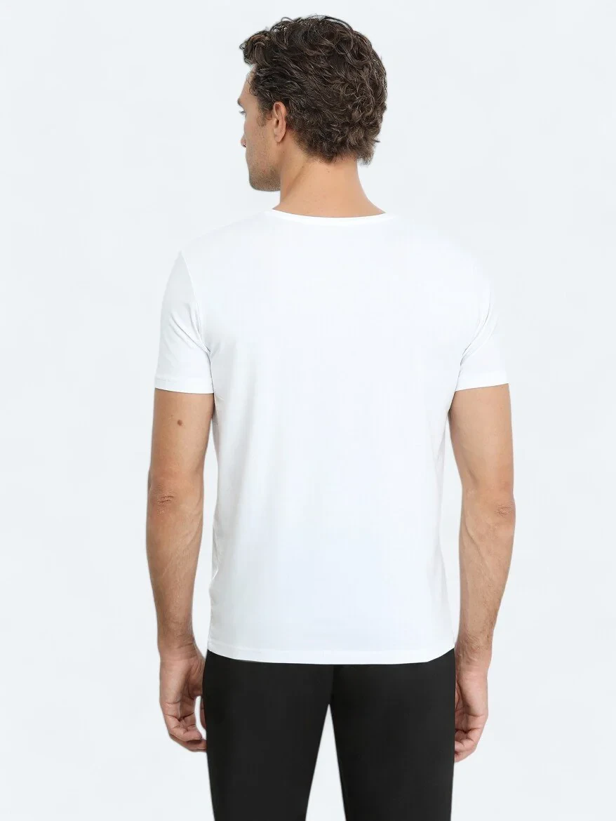 Beyaz V Yaka Pamuk Karışımlı T-Shirt - 5