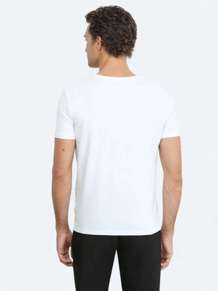 Beyaz V Yaka Pamuk Karışımlı T-Shirt - 5