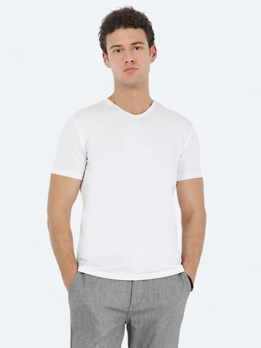 Beyaz V Yaka Pamuk Karışımlı T-Shirt - 1