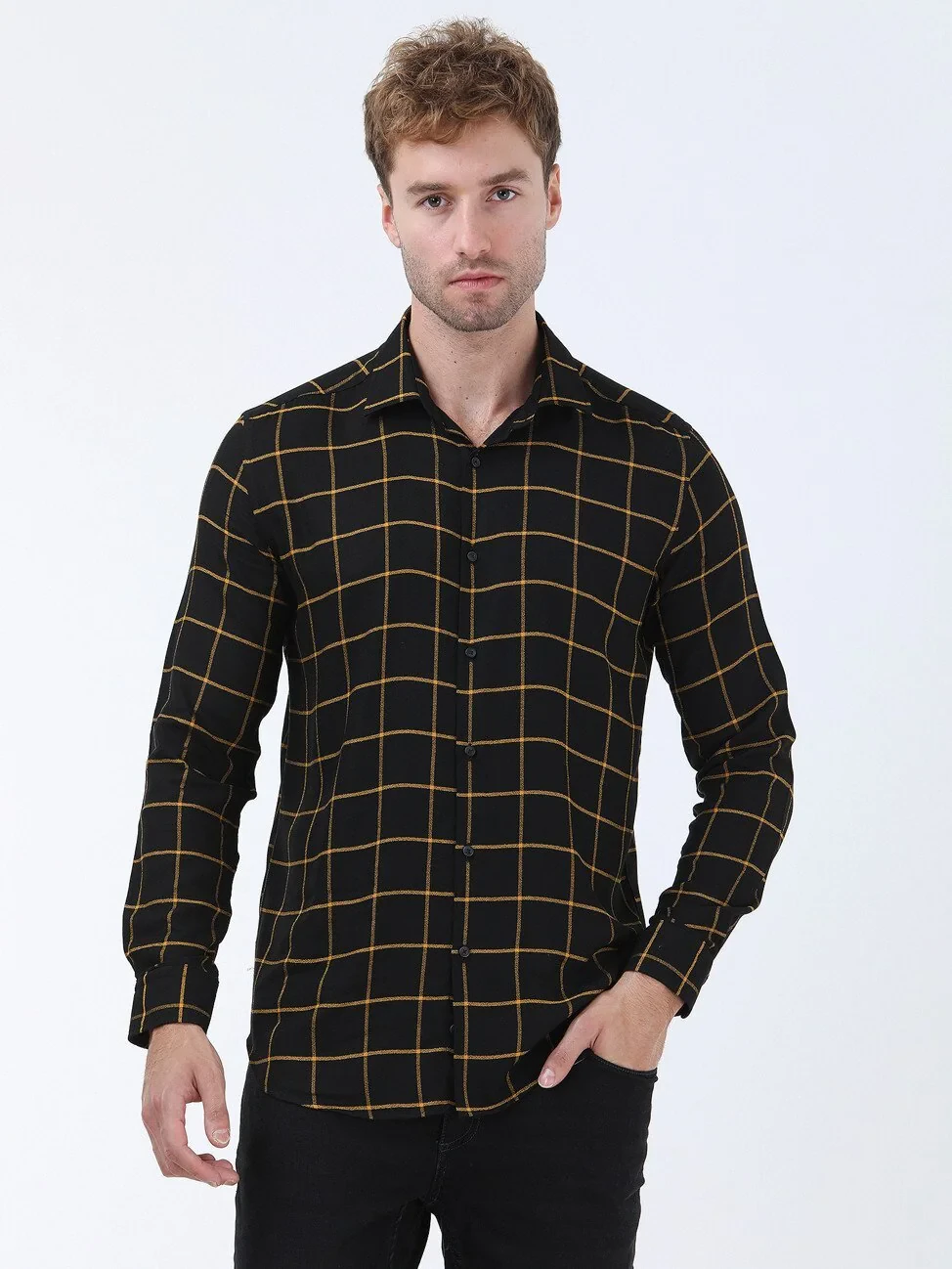 Black Checkered Regular Fit Weaving Casual Shirt - 1