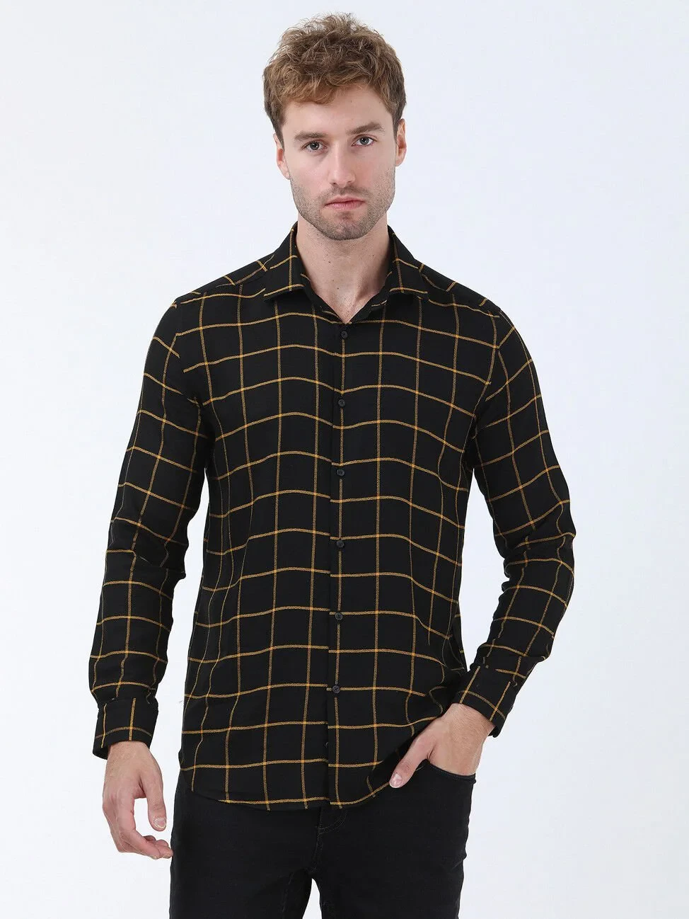 Black Checkered Regular Fit Weaving Casual Shirt - 1