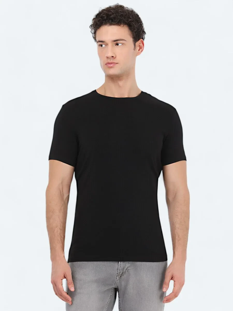Black Crew Neck Cotton Blended T-Shirt - 1