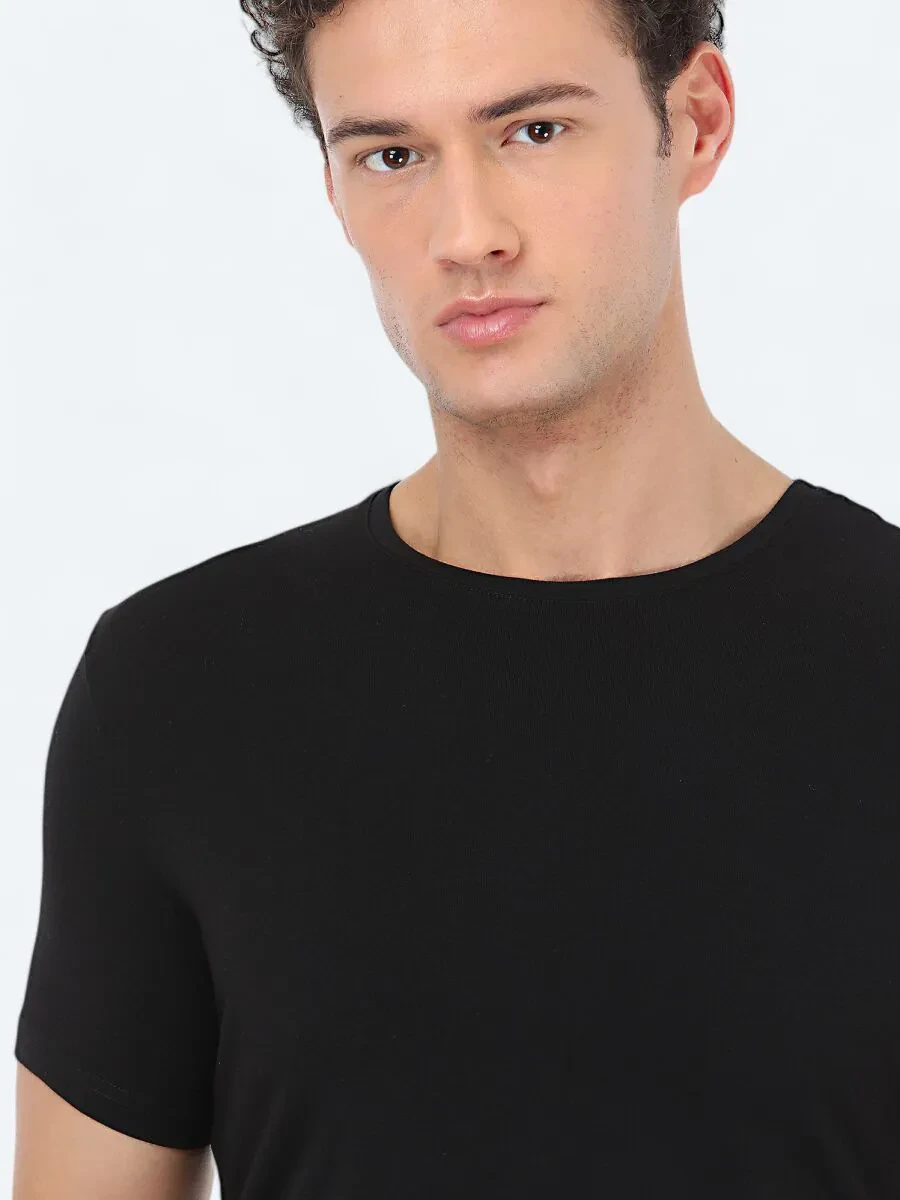 Black Crew Neck Cotton Blended T-Shirt - 3