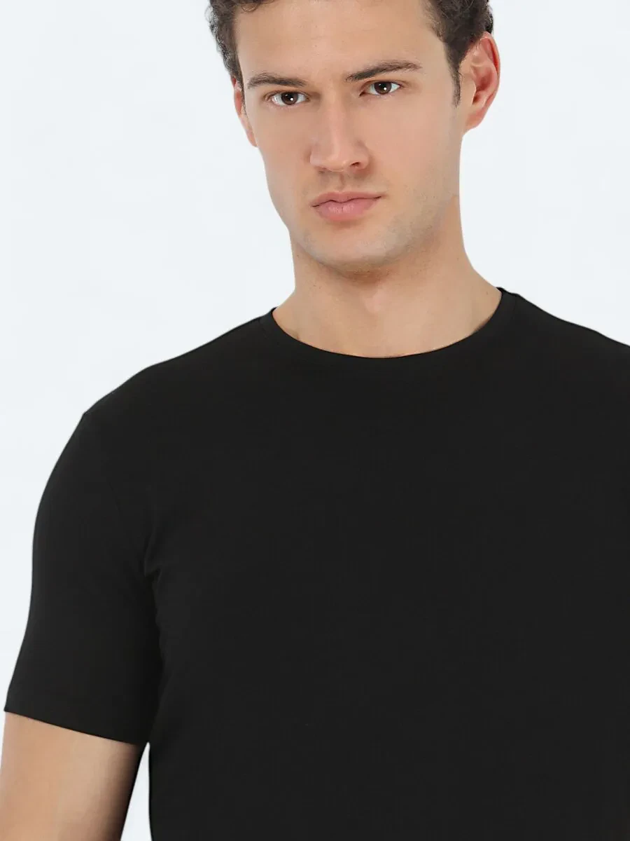 Black Crew Neck Cotton Blended T-Shirt - 4