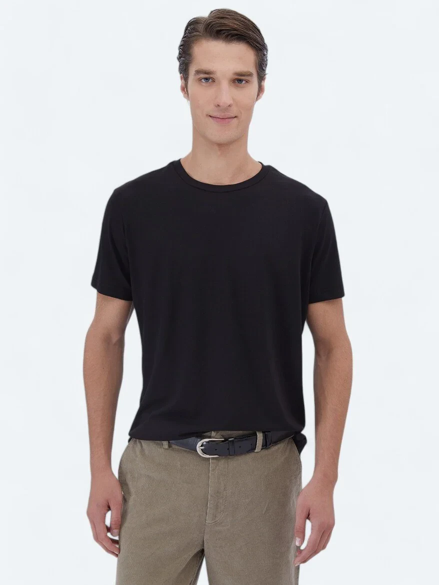 Black Crew Neck Cotton Blended T-Shirt - 1