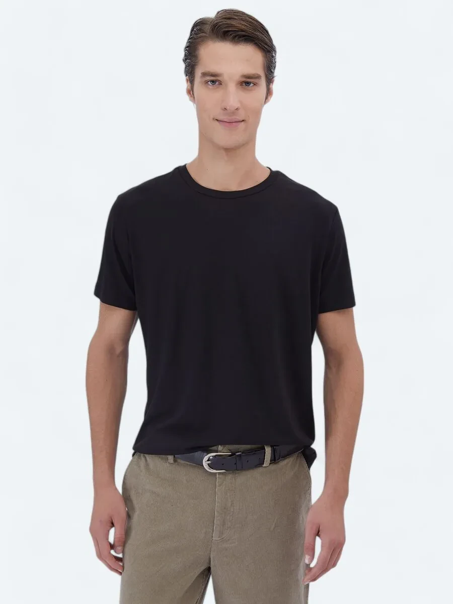 Black Crew Neck Cotton Blended T-Shirt - 1
