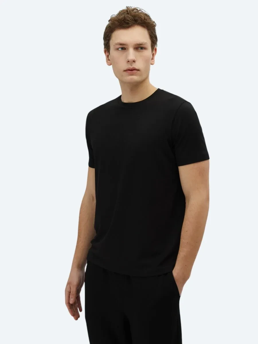 Black Crew Neck Cotton Blended T-Shirt - 1