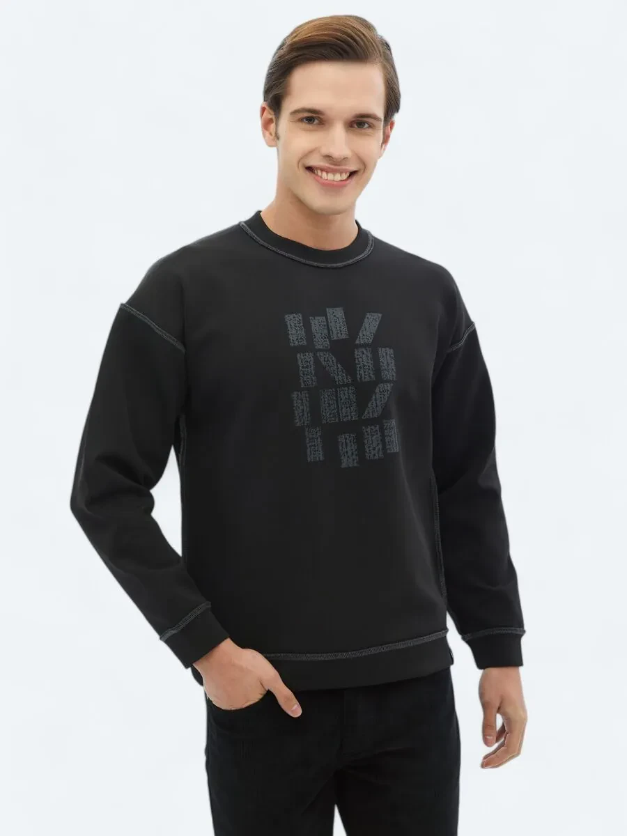 Black Crew Neck Printed Double-Sided Sweatshirt - 1