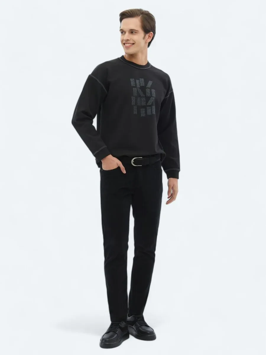 Black Crew Neck Printed Double-Sided Sweatshirt - 3
