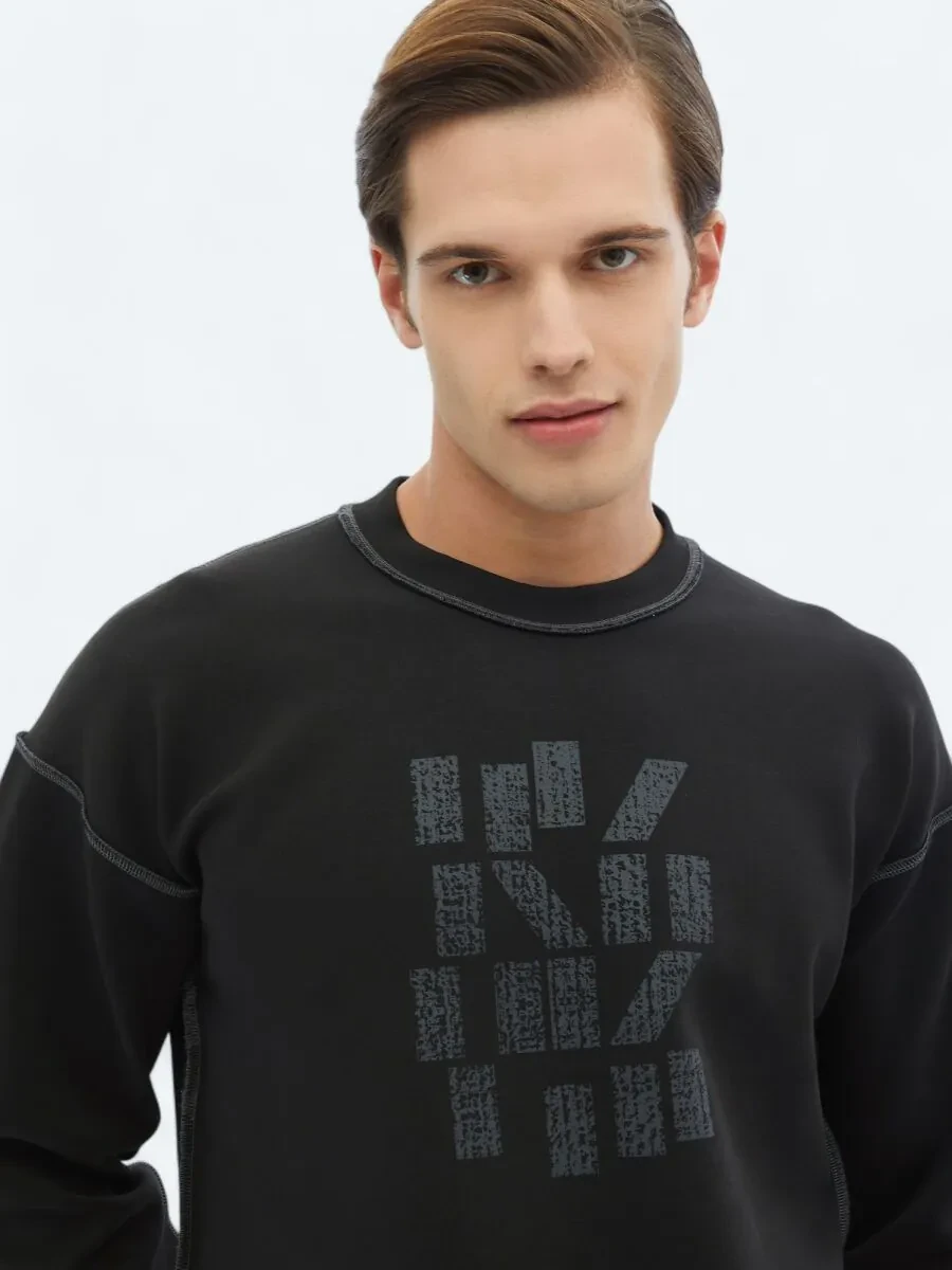 Black Crew Neck Printed Double-Sided Sweatshirt - 5