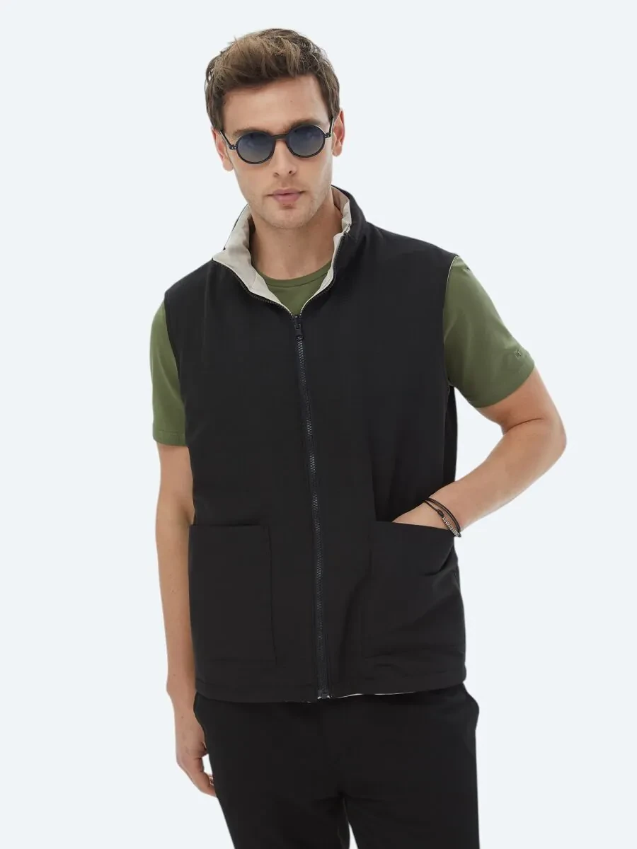 Black Double-Sided Weaving Puffer Vest - 1