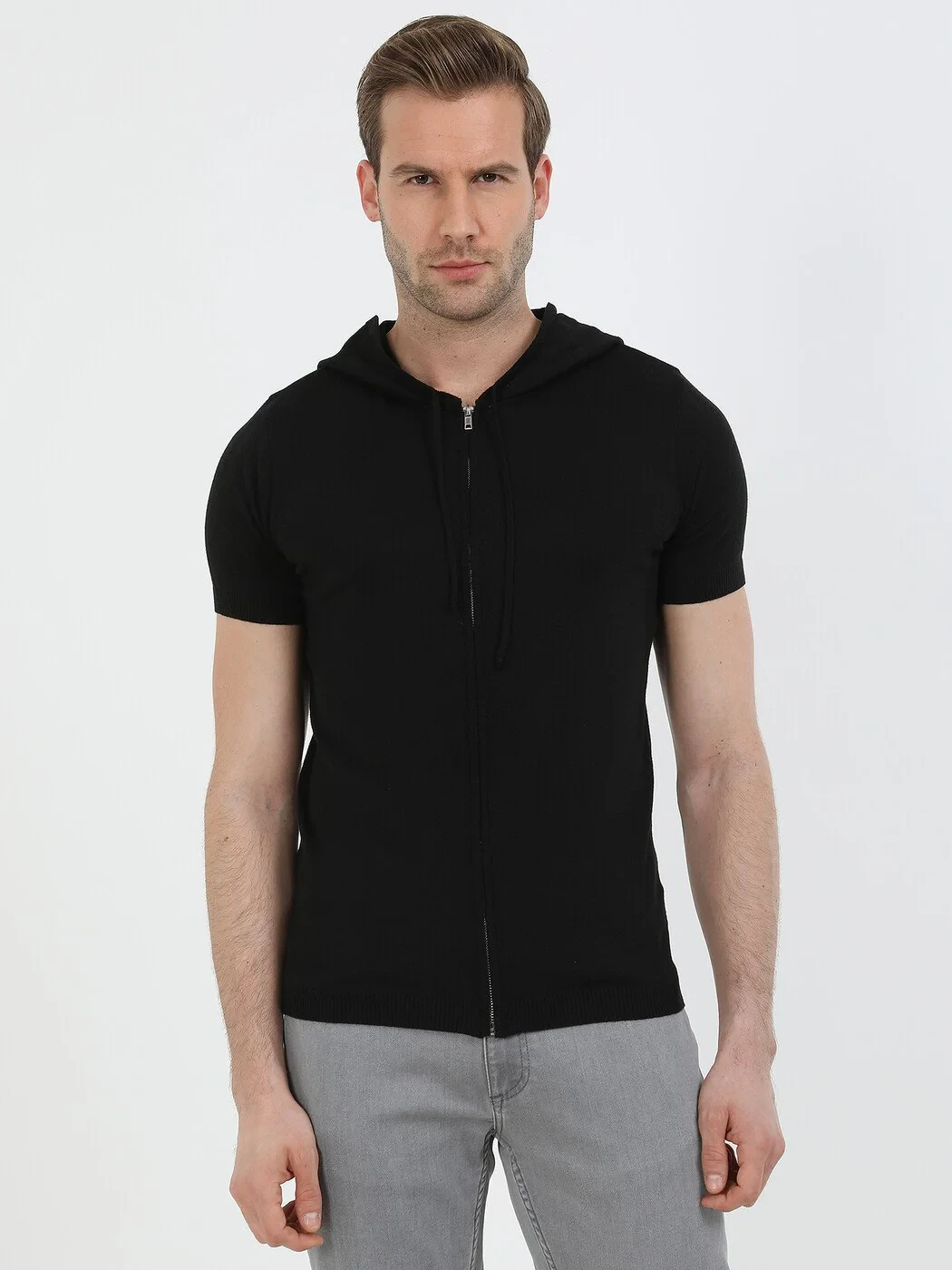 Black Hooded Plain Knitting Cotton Blended Cardigan - 1
