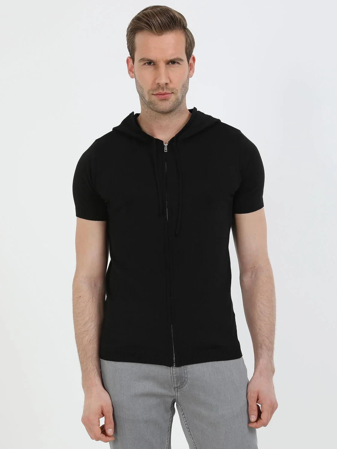 Black Hooded Plain Knitting Cotton Blended Cardigan - 1