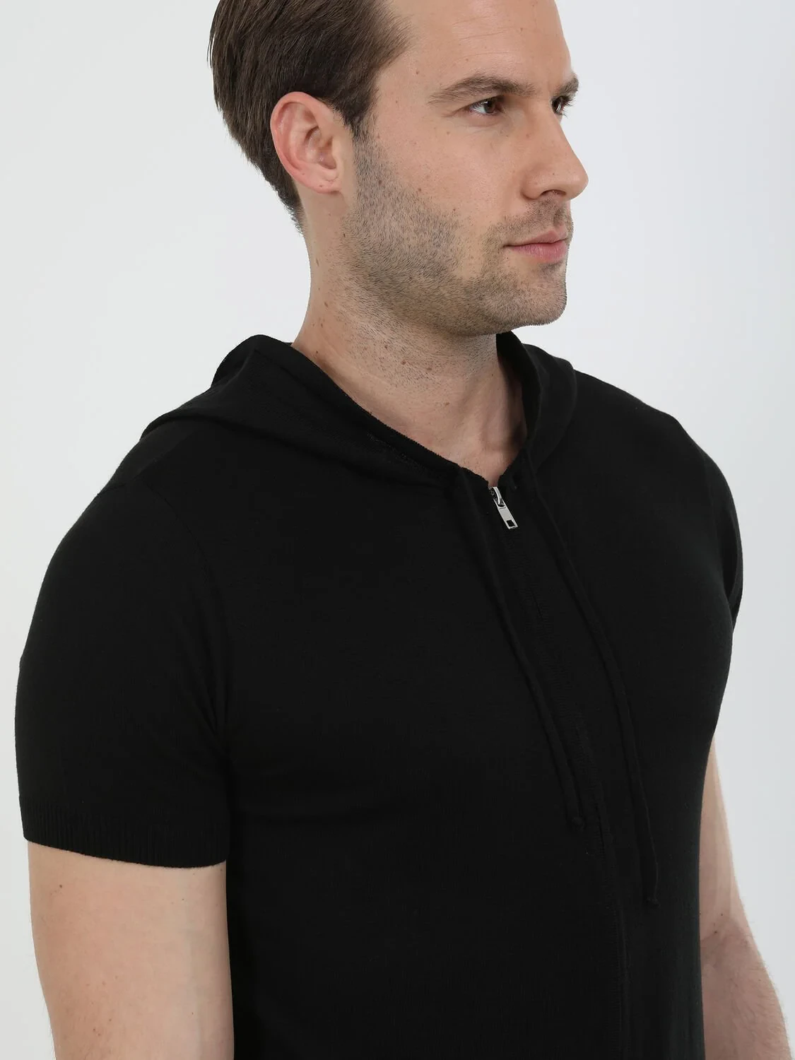 Black Hooded Plain Knitting Cotton Blended Cardigan - 2