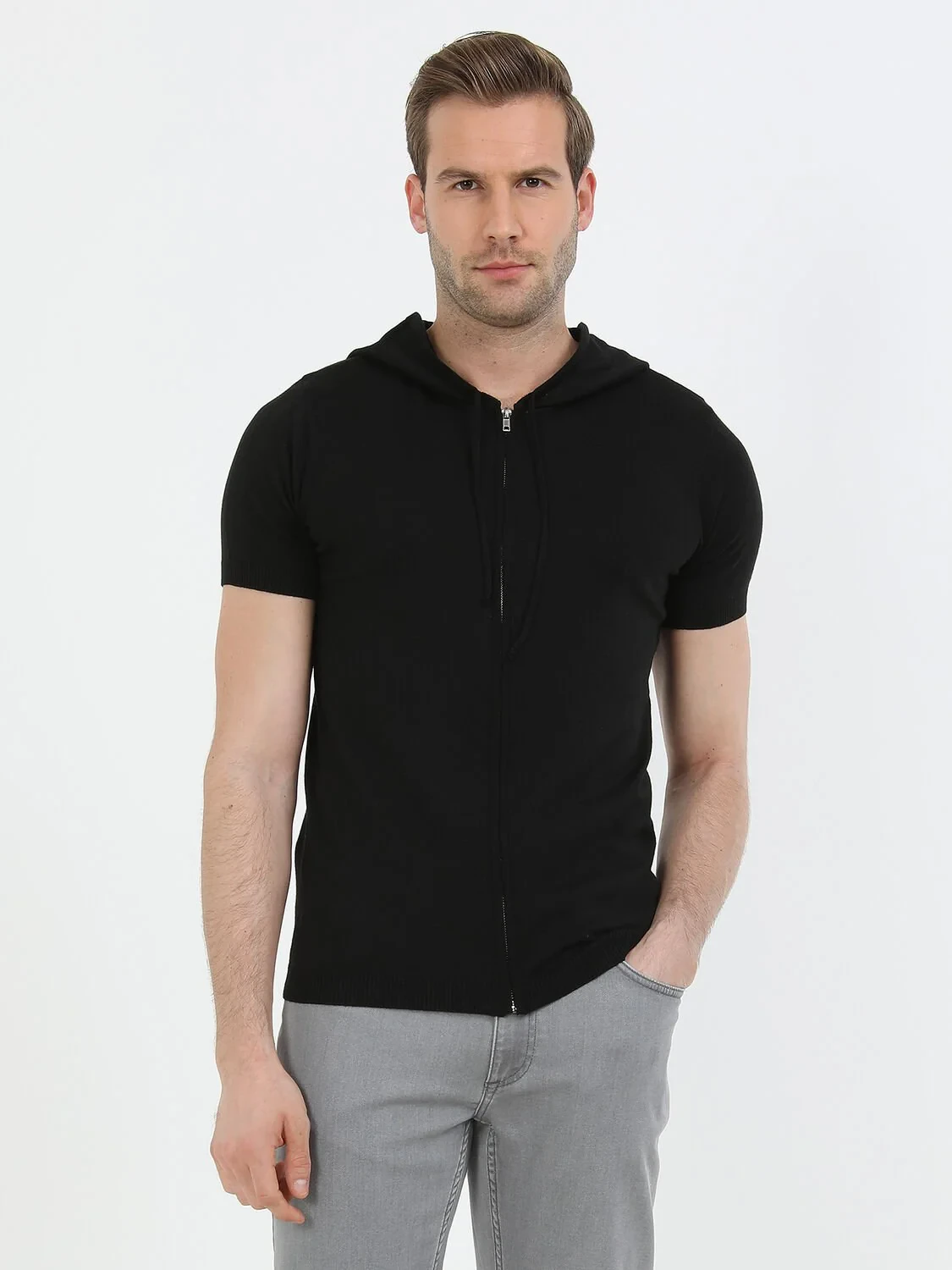 Black Hooded Plain Knitting Cotton Blended Cardigan - 3