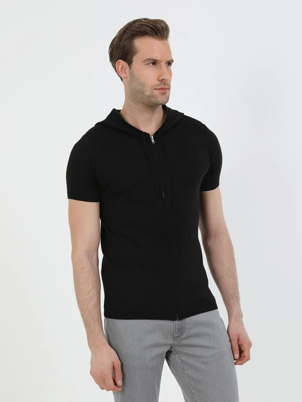 Black Hooded Plain Knitting Cotton Blended Cardigan - 4