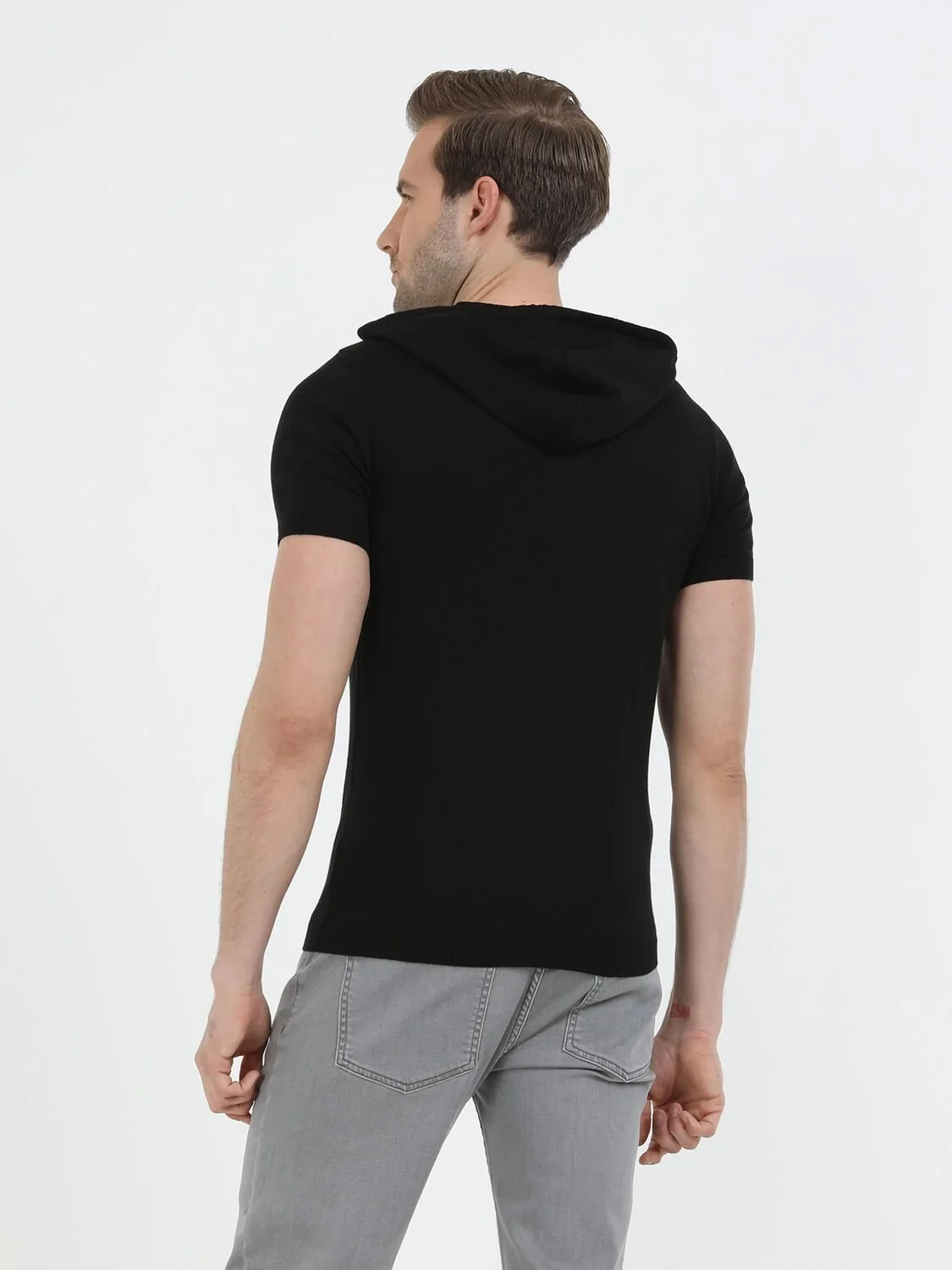 Black Hooded Plain Knitting Cotton Blended Cardigan - 5