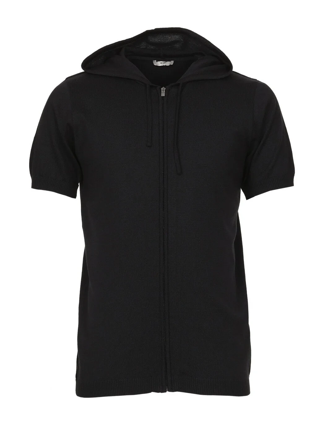 Black Hooded Plain Knitting Cotton Blended Cardigan - 6