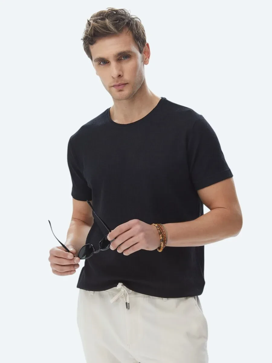 Black Jacquard Crew Neck Cotton Blended T-Shirt - 1