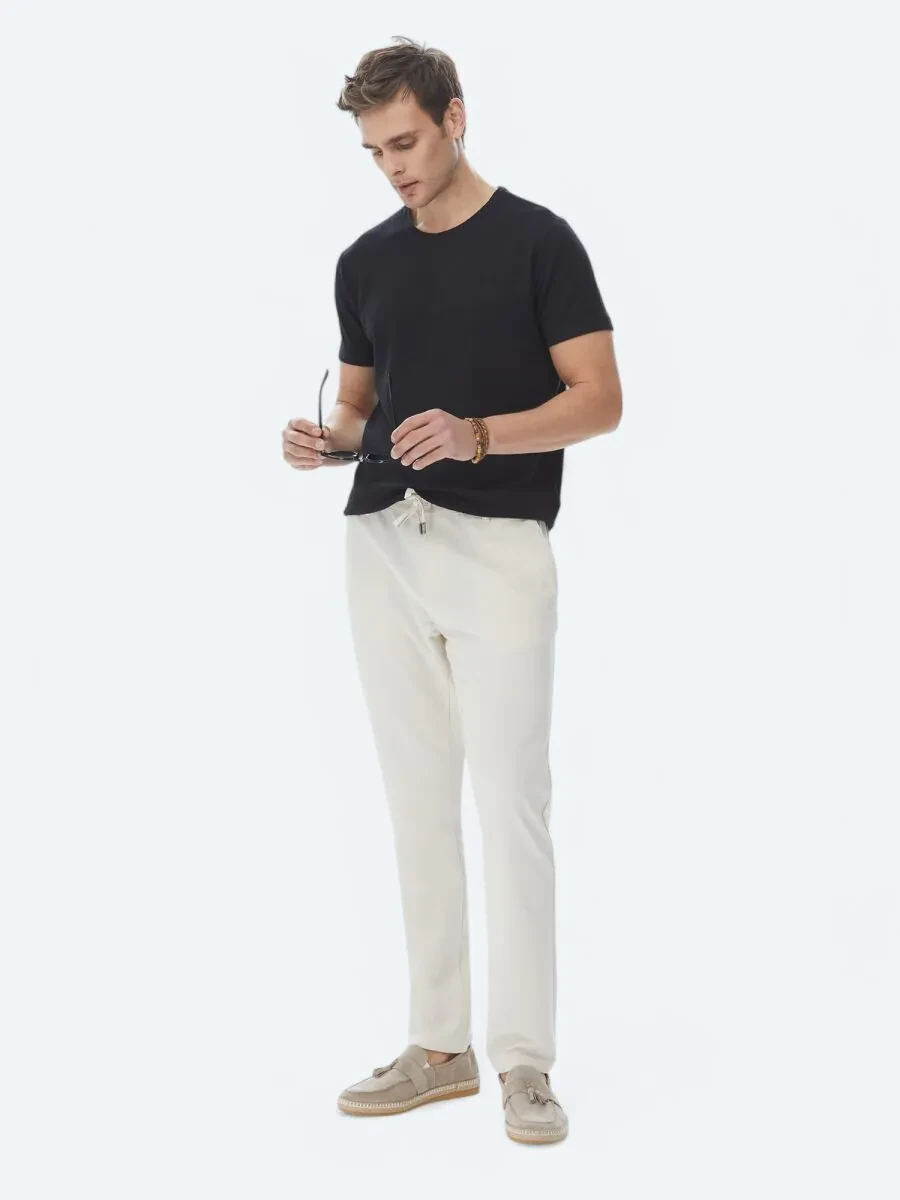 Black Jacquard Crew Neck Cotton Blended T-Shirt - 2