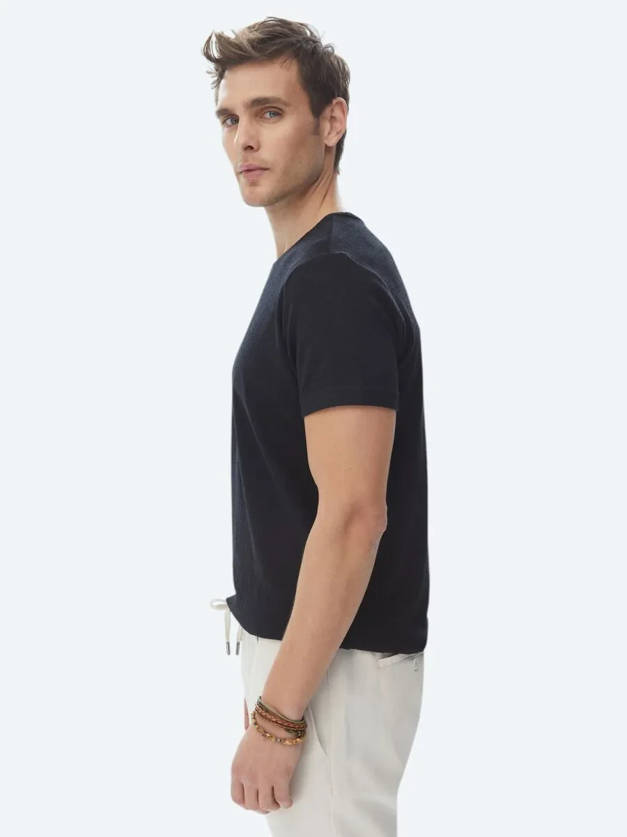 Black Jacquard Crew Neck Cotton Blended T-Shirt - 3