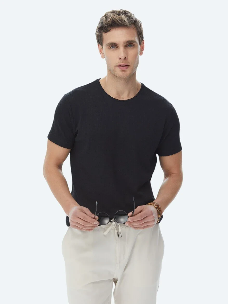 Black Jacquard Crew Neck Cotton Blended T-Shirt - 6