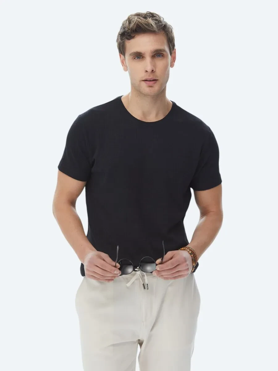Black Jacquard Crew Neck Cotton Blended T-Shirt - 6
