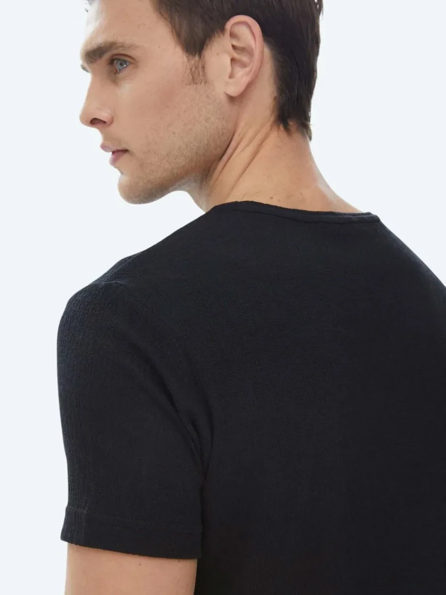 Black Jacquard Crew Neck Cotton Blended T-Shirt - 7