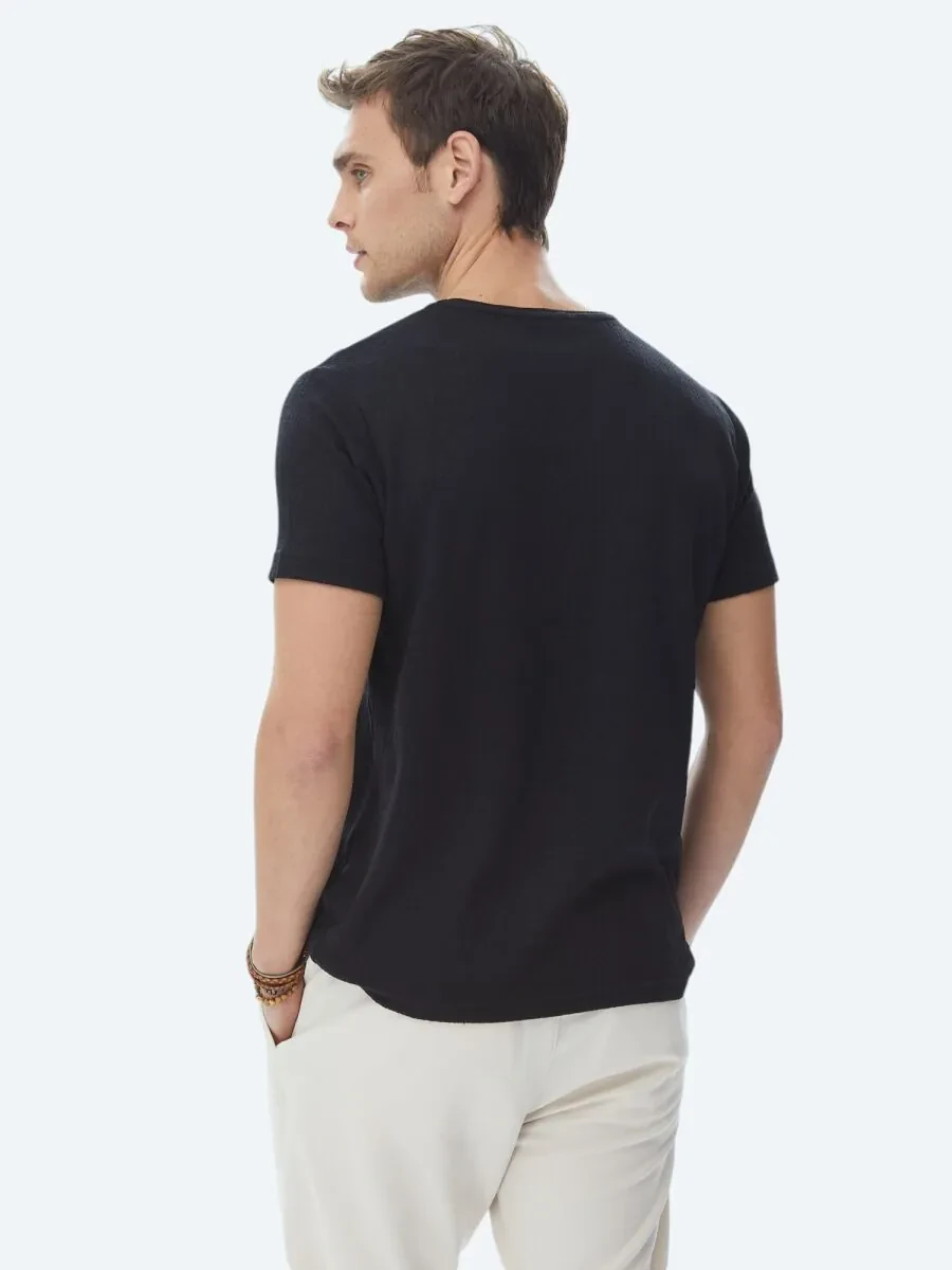 Black Jacquard Crew Neck Cotton Blended T-Shirt - 8