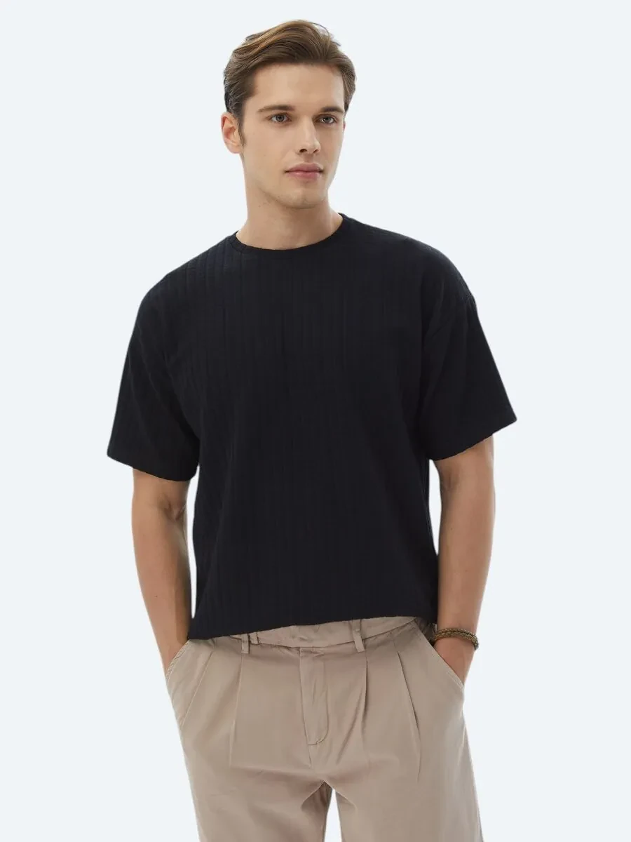 Black Jacquard Crew Neck Cotton Blended T-Shirt - 1