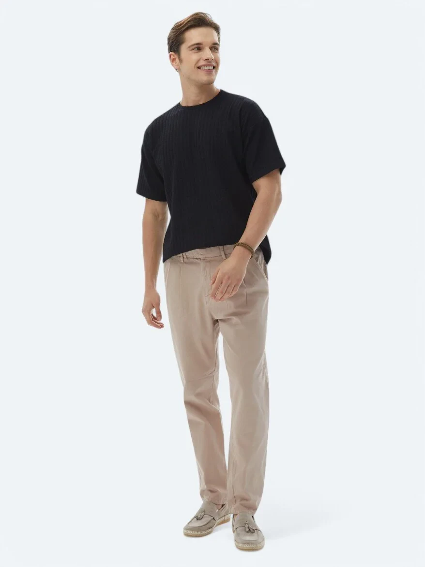 Black Jacquard Crew Neck Cotton Blended T-Shirt 