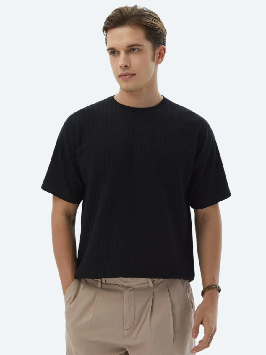 Black Jacquard Crew Neck Cotton Blended T-Shirt - 5