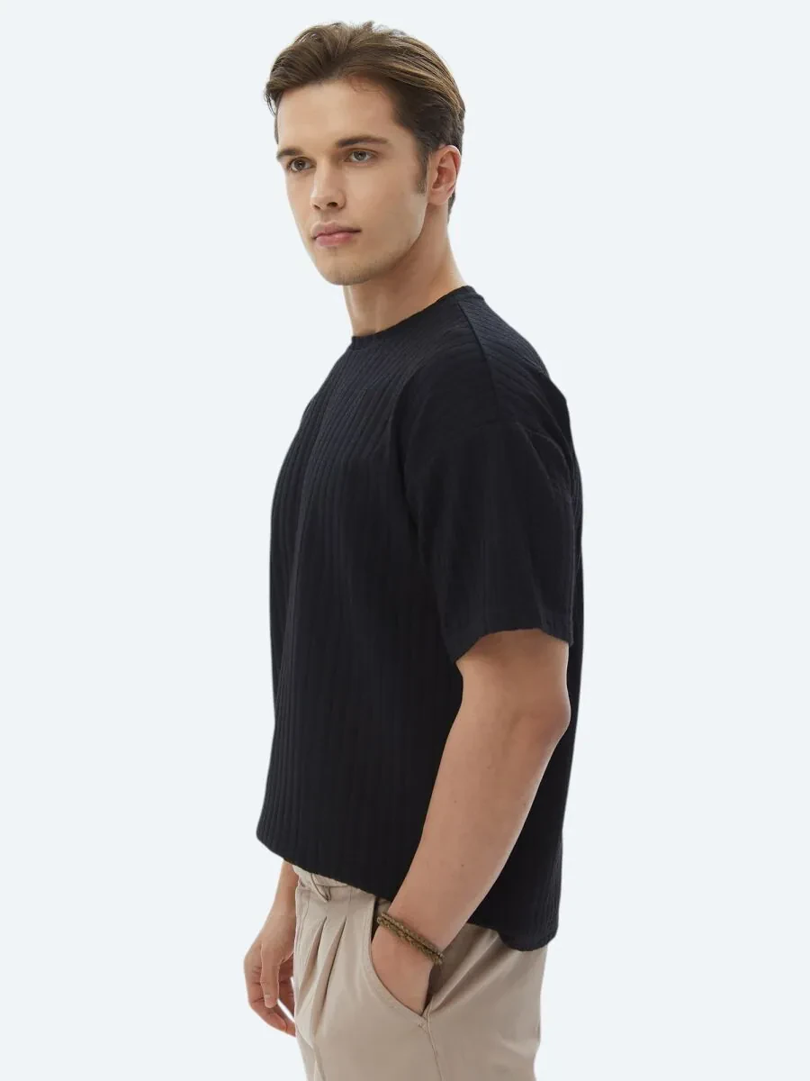 Black Jacquard Crew Neck Cotton Blended T-Shirt - 6