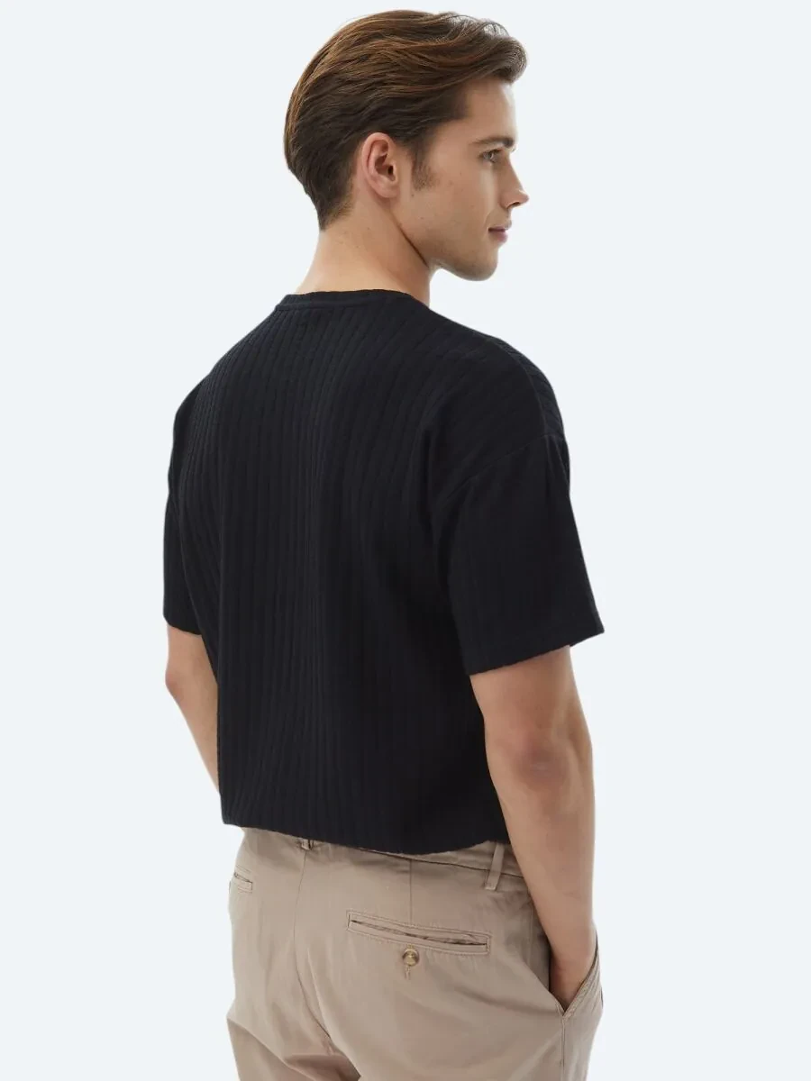 Black Jacquard Crew Neck Cotton Blended T-Shirt - 8