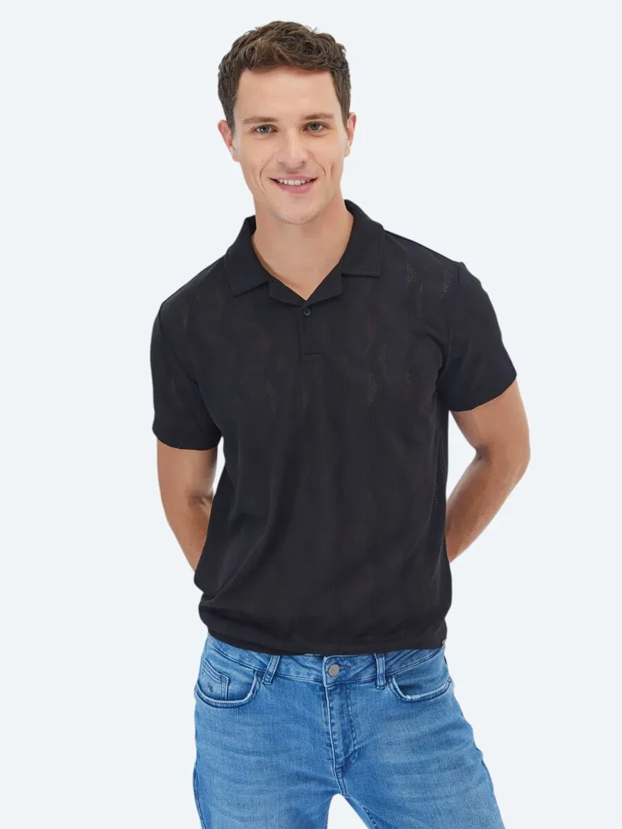 Black Jacquard Cuban Collar T-Shirt - 1