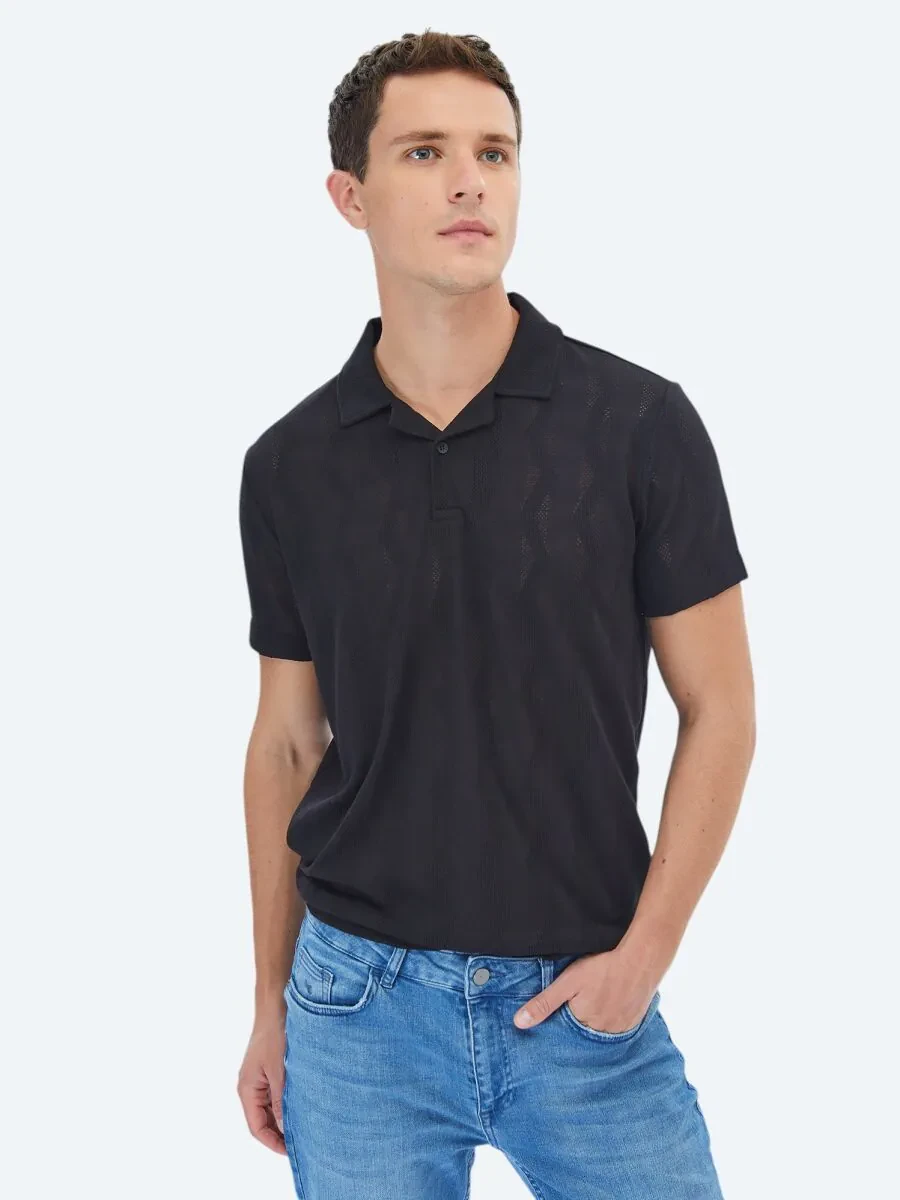 Black Jacquard Cuban Collar T-Shirt - 3